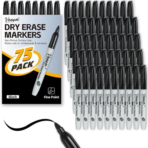 VEESA Dry Erase Markers Black, Fine Tip, 75 Count Low-Odor Whiteboard Marker Pens for Office School Home in Kuwait