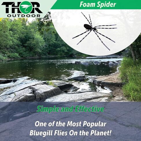Thor Outdoor Foam Spider Fly Fishing Set – Black w/Green Legs, 6 Pc, Hook Size #14 - Topwater Dry Flies for Bass, Panfish, and Trout in Kuwait