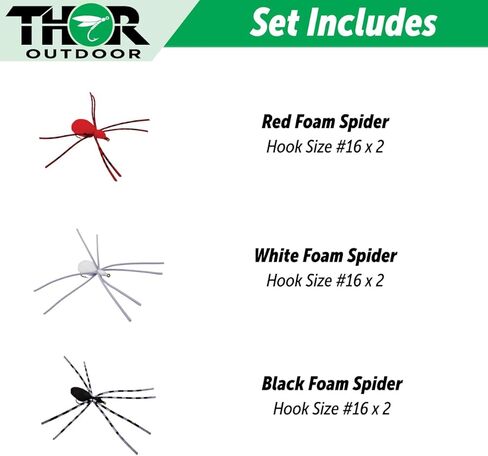 Thor Outdoor Foam Spider Fly Fishing Set – Black w/Green Legs, 6 Pc, Hook Size #14 - Topwater Dry Flies for Bass, Panfish, and Trout in Kuwait