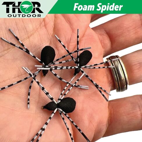Thor Outdoor Foam Spider Fly Fishing Set – Black w/Green Legs, 6 Pc, Hook Size #14 - Topwater Dry Flies for Bass, Panfish, and Trout in Kuwait