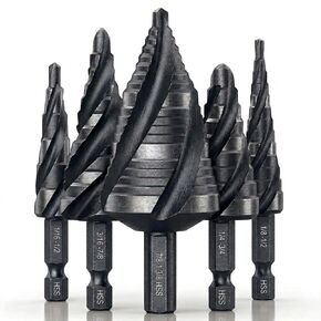 مجموعة لقم مثقاب ذات أربع خطوات حلزونية - 1/8 بوصة - 1-3/8 بوصة 5 قطع وحدات HSS مع ساق سداسية سريعة التغيير وحقيبة تخزين مقاس 1/4 بوصة و3/8 بوصة، للمعادن والخشب والتركيبات الكهربائية وإصلاح السيارات والاستخدام المنزلي in Kuwait