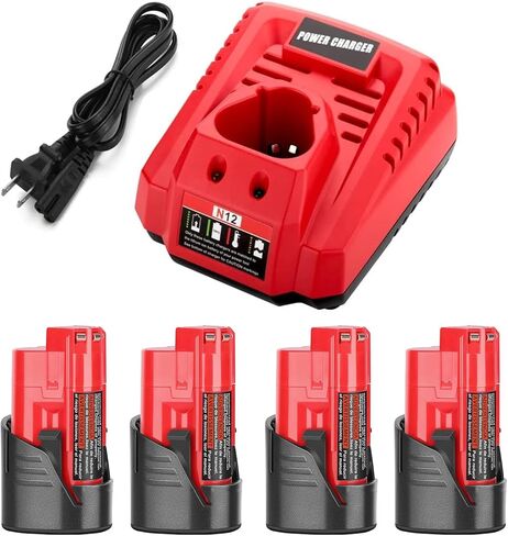 Powilling 4Pack 3000mAh Replacement Lithium 12V Milwaukee M12 Battery + M12 Rapid Charger for Milwaukee M12 Battery Charger in Kuwait