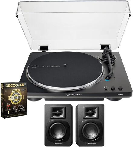 قرص دوار أوتوماتيكي بالكامل بحزام من Audio-Technica AT-LP70X-BG، حزمة سوداء/فضية مع مكبرات صوت على رف الكتب AT-SP3X وحزمة حماية لمدة 26 شهرًا من Deco Gear CPS (Beach-CPS- 26500) in Saudi Arabia