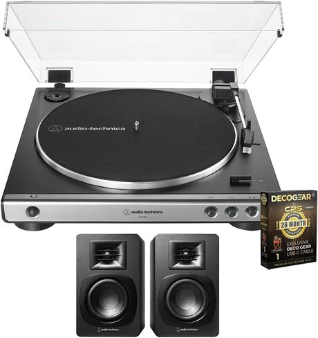 Audio-Technica AT-LP60X-GM Fully Automatic Belt-Drive Turntable 33-1/3 & 45 RPM -Gunmetal/Black Bundle with AT-SP3X Bookshelf Speakers and Deco Gear CPS 26 Month Protection Pack (Beach-CPS- 26500) in Saudi Arabia