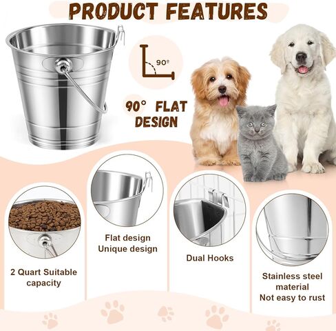 Honeydak 4 Pcs Flat Sided Pail with Dual Hooks 1 Quart Stainless Steel Flat Back Bucket Dual Hooks Hanging Dog Water Bucket Metal for Dog Cat Critter Cage Kennels Cages Fences Pet Container in Saudi Arabia