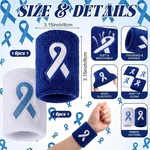 Ramede 12 Pcs Colon Cancer Awareness Wristbands, Blue Ribbon Embroidery Sweatbands Sport Wristbands for Charity Events, Fundraising Walk, Awareness Campaign Accessories, Fit Colorectal Prostate Cancer in Saudi Arabia