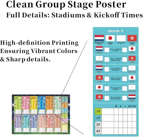 World Cup 2026 Soccer Bracket Posters Set 16.5x22in Pre-Filled Group Stage Fixtures, Position-Labeled Knockout Schedule, Nation Guide Sticker & Interactive Flag Cards Wallchart for Football Fans in Saudi Arabia