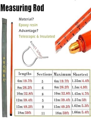 Telescoping Height Measuring Stick for Lineman - Epoxy Resin, 1500cm/49.2ft, Ideal for Electrical Work, Substations, Telecom Towers, 10kV-500kV Voltage (Red),Red,1200cm/39.4ft in Saudi Arabia