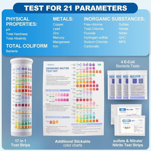 21-in-1 Home Drinking Water Testing Kit,145 Strips + 4 Bacteria Tests,Tap and Well Water Test Kit, Easy to Test and Read Home Test Strips for Hardness, Lead, Iron, Fluoride, pH, Copper and More in Saudi Arabia