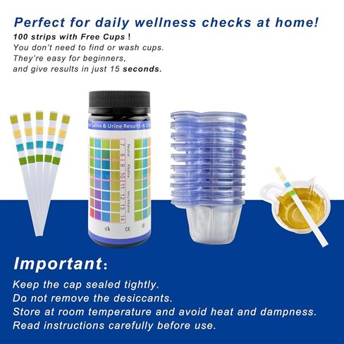 pH Test Strips for Urine Saliva 100 Ct with 100 Cups, (Range 0-14) 4 in 1 pH Testing Strips or Human Body Alkaline Acid, Orak pH, Water pH, Fast 15-Second Results Home Pee Test in Kuwait
