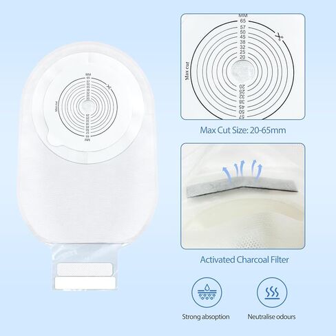30 عبوة من أكياس فغرة القولون، حقيبة فغرة من قطعة واحدة مع إغلاق قوي بخطاف وحلقة، وأكياس فغرة القولون قابلة للتصريف للعناية بالفغر اللفائفي، بيضاء، مقطوعة لتناسب، 65 مم كحد أقصى in Kuwait