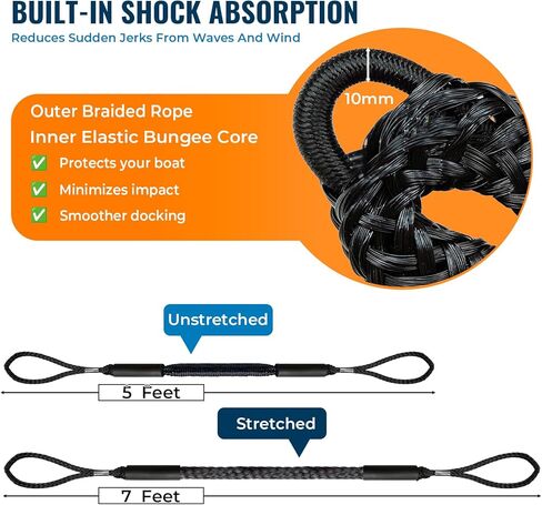 إكسسوارات القوارب قطعتان بطول 5 أقدام من خطوط القوارب المطاطية الفاخرة بطول 30 سم حلقة ممتدة للرسو لدراجات Jet Ski، SeaDoo، Yamaha WaveRunner Dinghy Pontoon، هدايا القوارب (أسود) in Kuwait