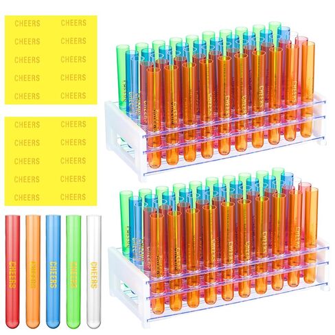 50 Pcs Neon Plastic Test Tube Shot Glasses with Rack Colorful Test Tubes Shooters 16 x 125 mm (12ml) with Cheers Print and Tube Holder Holiday Party Favors Wedding Home Decor Candy Storage in Kuwait