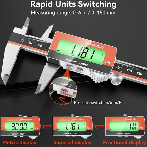 Preciva Digital Caliper, Rechargeable 6 inch Vernier Caliper with Large LCD Screen Stainless Steel Electronic Measuring Tool with Fraction/Inch/Metric Conversions, Auto-Off Feature in Kuwait