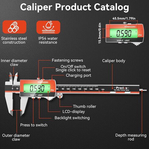 Preciva Digital Caliper, Rechargeable 6 inch Vernier Caliper with Large LCD Screen Stainless Steel Electronic Measuring Tool with Fraction/Inch/Metric Conversions, Auto-Off Feature in Kuwait