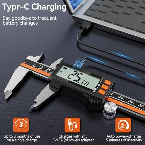 Preciva Digital Caliper - Rechargeable Stainless Steel Micrometer with IP54 Protection | Auto-Off, Large LCD Screen & Inch/Metric Conversion | Precision Measuring Tool 6Inch/150mm in Kuwait
