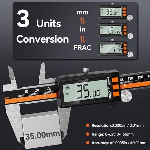 Preciva Digital Caliper - Rechargeable Stainless Steel Micrometer with IP54 Protection | Auto-Off, Large LCD Screen & Inch/Metric Conversion | Precision Measuring Tool 6Inch/150mm in Kuwait