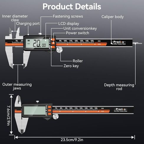 Preciva Digital Caliper - Rechargeable Stainless Steel Micrometer with IP54 Protection | Auto-Off, Large LCD Screen & Inch/Metric Conversion | Precision Measuring Tool 6Inch/150mm in Kuwait