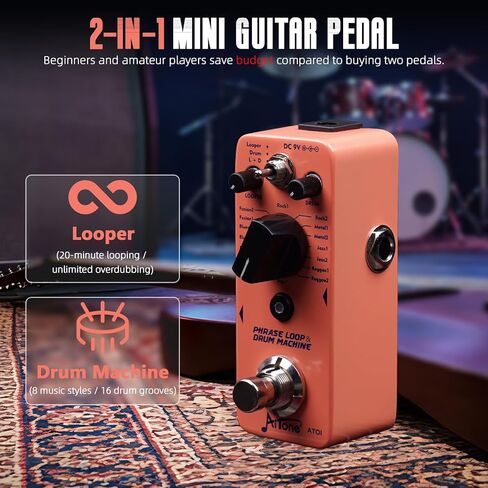 AITONE Looper Drum Machine دواسة الجيتار 20 دقيقة حلقة 16 طبل الأخاديد الحنفية Tempo True Bypass Mini Metal Effects Peal لممارسة الجيتار الكهربائي (AT-01) in Kuwait