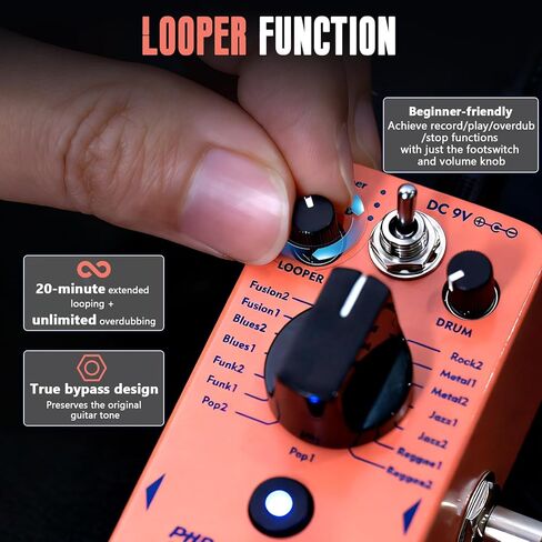 AITONE Looper Drum Machine دواسة الجيتار 20 دقيقة حلقة 16 طبل الأخاديد الحنفية Tempo True Bypass Mini Metal Effects Peal لممارسة الجيتار الكهربائي (AT-01) in Kuwait