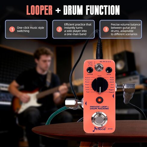 AITONE Looper Drum Machine دواسة الجيتار 20 دقيقة حلقة 16 طبل الأخاديد الحنفية Tempo True Bypass Mini Metal Effects Peal لممارسة الجيتار الكهربائي (AT-01) in Kuwait