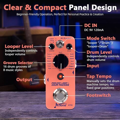AITONE Looper Drum Machine دواسة الجيتار 20 دقيقة حلقة 16 طبل الأخاديد الحنفية Tempo True Bypass Mini Metal Effects Peal لممارسة الجيتار الكهربائي (AT-01) in Kuwait