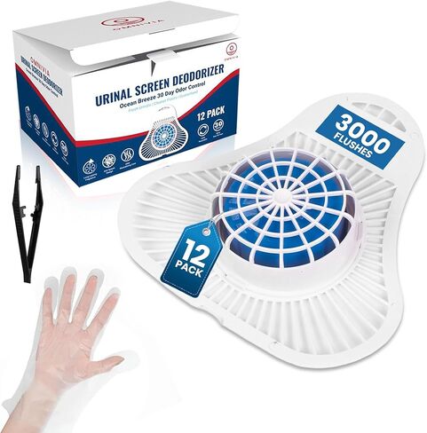 The ULTIMATE Urinal Cakes for Men Bathroom, Up to 3000 Flushes,12 Pack Urinal Screen Deodorizers, Ocean Breeze, Splash-Free Design, Fits All Urinals, Urinal Deodorizer, Gloves & Tongs included in Kuwait