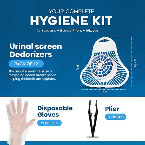 The ULTIMATE Urinal Cakes for Men Bathroom, Up to 3000 Flushes,12 Pack Urinal Screen Deodorizers, Ocean Breeze, Splash-Free Design, Fits All Urinals, Urinal Deodorizer, Gloves & Tongs included in Kuwait