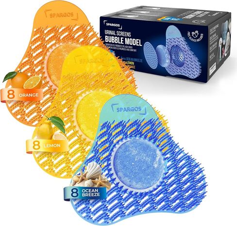 Urinal Screen Deodorizer 24 Pack - Urinal Cakes Fresh 3D Wave Anti-Splash Odor Protection Mats for Toilets in Bathroom Office Stadiums Schools - Includes Free Gloves, 8pcs Blue, Yellow, Orange in Kuwait