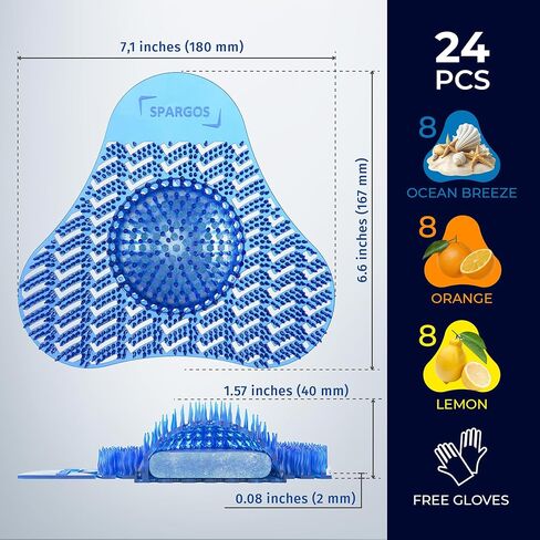 Urinal Screen Deodorizer 24 Pack - Urinal Cakes Fresh 3D Wave Anti-Splash Odor Protection Mats for Toilets in Bathroom Office Stadiums Schools - Includes Free Gloves, 8pcs Blue, Yellow, Orange in Kuwait