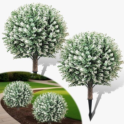 2 Pack Artificial Boxwood Topiary Ball Trees with Ground Spikes,UV Resistant Fake Shrubs with Flowers,Realistic Faux Blooming Plants Bushes for Outdoors Planters Garden Porch Home Office Decor in Kuwait