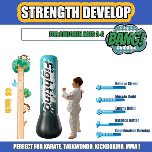 QISHENG- Inflatable Boxing Sandbag, 48" Freestanding Punching Bag for Teens & Adults, Equipment for Taekwondo, Karate & Kickboxing Training. in Kuwait