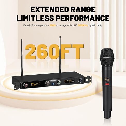 نظام ميكروفون لاسلكي ذو 4 قنوات، مجموعة ميكروفون لاسلكي قابل للتركيب على حامل UHF مع ترددات 4 × 10، نطاق 260 قدم، ميكروفون ديناميكي محمول للغناء والكاريوكي والكنيسة ودي جي والحفلات (MWM-41F) in Kuwait