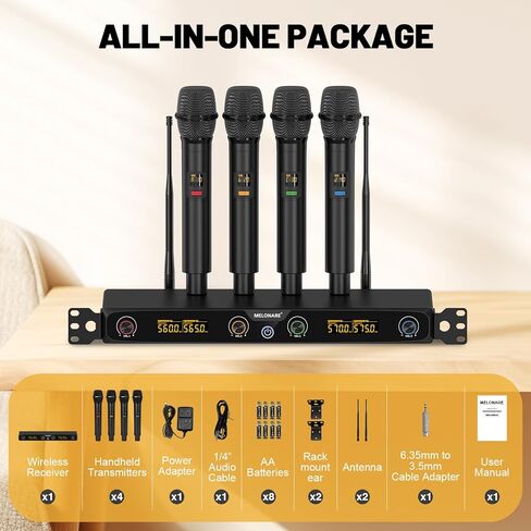 نظام ميكروفون لاسلكي ذو 4 قنوات، مجموعة ميكروفون لاسلكي قابل للتركيب على حامل UHF مع ترددات 4 × 10، نطاق 260 قدم، ميكروفون ديناميكي محمول للغناء والكاريوكي والكنيسة ودي جي والحفلات (MWM-41F) in Kuwait