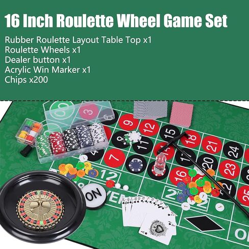 DAYUMKOU Roulette Wheel Set Includes 16'' Roulette Wheel, 200 Casino Chips, Green Roulette Mat, Chip Racks, Dealer Button, Marker Stick, Balls for Casino Game Night Party in Saudi Arabia