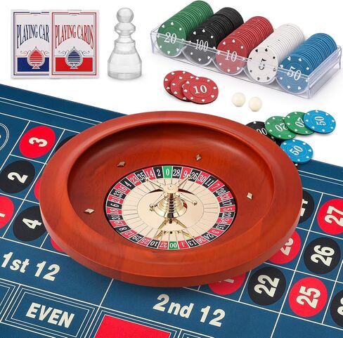 مجموعة عجلات الروليت: عجلة روليت مقاس 11 بوصة مقاس 47.2 * 23.6 بوصة، بساط لباد بتصميم طاولة الروليت، 100 قطعة من رقائق البوكر ABS، علامة فوز الروليت، مجموعتان من أوراق اللعب، مجموعات ألعاب الكازينو in Kuwait