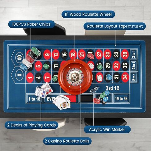مجموعة عجلات الروليت: عجلة روليت مقاس 11 بوصة مقاس 47.2 * 23.6 بوصة، بساط لباد بتصميم طاولة الروليت، 100 قطعة من رقائق البوكر ABS، علامة فوز الروليت، مجموعتان من أوراق اللعب، مجموعات ألعاب الكازينو in Kuwait