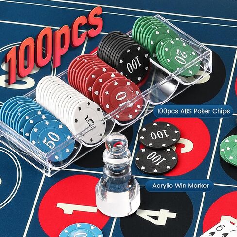 مجموعة عجلات الروليت: عجلة روليت مقاس 11 بوصة مقاس 47.2 * 23.6 بوصة، بساط لباد بتصميم طاولة الروليت، 100 قطعة من رقائق البوكر ABS، علامة فوز الروليت، مجموعتان من أوراق اللعب، مجموعات ألعاب الكازينو in Kuwait