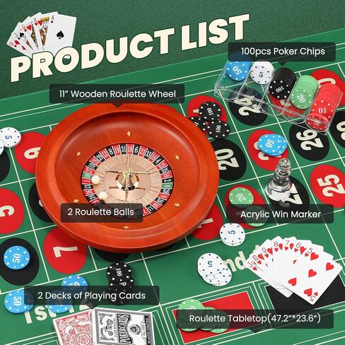 NEWTRY Roulette Wheel Set with 11" Roulette Wheel, Rubber Tabletop Layout Mat (47.2 x 23.6"), Poker Chips (100 pcs), Winner Marker, Playing Cards (2 Deck) Ideal for Party Game Night in Saudi Arabia