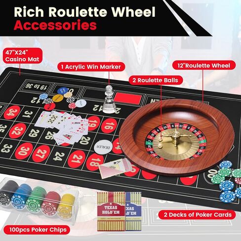 مجموعة ألعاب عجلة الروليت مقاس 12 بوصة، وطاولة الروليت وعجلة، وعجلة الروليت الخشبية مقاس 12 بوصة، وبساط الروليت المطاطي مقاس 47 بوصة × 24 بوصة، و100 قطعة زر لتوزيع رقائق الروليت، وطابقين من لعبة البوكر، وحفلة ليلية لألعاب الكازينو للبالغين in Kuwait