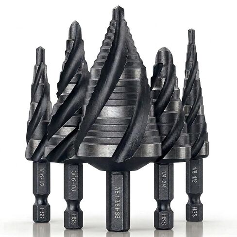 مجموعة لقم مثقاب ذات أربع خطوات حلزونية - 1/8 بوصة - 1-3/8 بوصة 5 قطع وحدات HSS مع ساق سداسية سريعة التغيير وحقيبة تخزين مقاس 1/4 بوصة و3/8 بوصة، للمعادن والخشب والتركيبات الكهربائية وإصلاح السيارات والاستخدام المنزلي in Kuwait