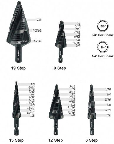مجموعة لقم مثقاب ذات أربع خطوات حلزونية - 1/8 بوصة - 1-3/8 بوصة 5 قطع وحدات HSS مع ساق سداسية سريعة التغيير وحقيبة تخزين مقاس 1/4 بوصة و3/8 بوصة، للمعادن والخشب والتركيبات الكهربائية وإصلاح السيارات والاستخدام المنزلي in Kuwait