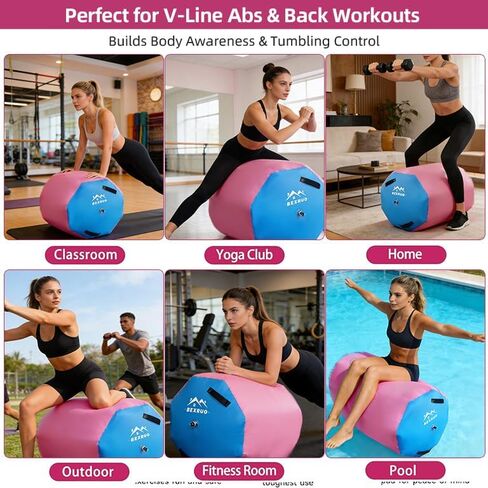 Gymnastics Air Barrel Roller, Inflatable Tumbling Roller Air Mat, Ergonomic Yoga Training Equipment, Barrel Trainer with Pump for Backhandspring, Cheerleading, Home, Gym & Yoga Practice-Multiple Sizes 2.6FT–3.5FT Length in Saudi Arabia