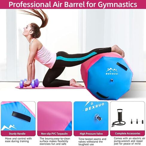 Gymnastics Air Barrel Roller, Inflatable Tumbling Roller Air Mat, Ergonomic Yoga Training Equipment, Barrel Trainer with Pump for Backhandspring, Cheerleading, Home, Gym & Yoga Practice-Multiple Sizes 2.6FT–3.5FT Length in Saudi Arabia