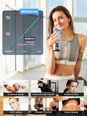 Hydrogen Water Bottle, Up to 6000ppb | Hang & Go Portable Hydrogen Water Bottle Generator with SPE/PEM Technology, Leak-Proof Design for Home, Office, Travel, Hiking, Sports & Outdoor Activities in Saudi Arabia