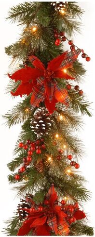 National Tree Company Pre-Lit Artificial Christmas Wreath, Green, Tartan Plaid, White Lights, Decorated with Frosted Branches, Pine Cones, Berry Clusters, Flowers, Christmas Collection, 30 Inches in Kuwait