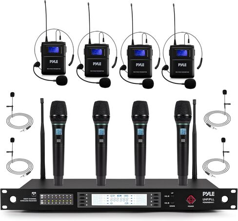 Pyle Wireless Microphone System | Includes 4 Handheld, 4 Lavalier & 4 Headset Microphones | 8-Channel UHF Mic Set with Clear 300 ft Signal Range | 100 Selectable Frequencies | for Church & Singing in Saudi Arabia