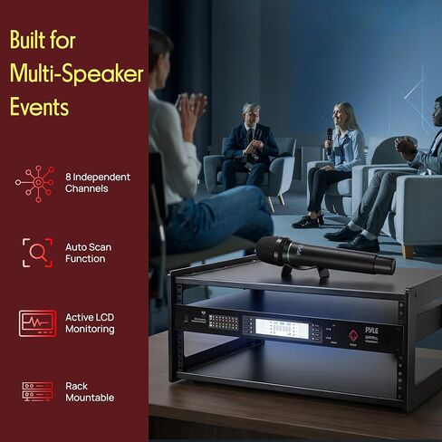 Pyle Wireless Microphone System | Includes 4 Handheld, 4 Lavalier & 4 Headset Microphones | 8-Channel UHF Mic Set with Clear 300 ft Signal Range | 100 Selectable Frequencies | for Church & Singing in Saudi Arabia