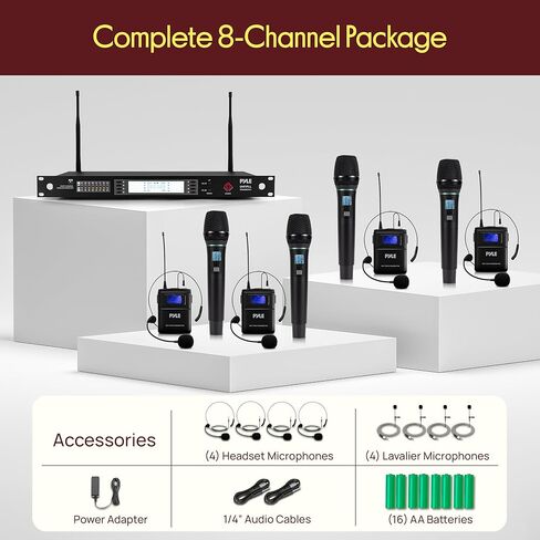 Pyle Wireless Microphone System | Includes 4 Handheld, 4 Lavalier & 4 Headset Microphones | 8-Channel UHF Mic Set with Clear 300 ft Signal Range | 100 Selectable Frequencies | for Church & Singing in Saudi Arabia