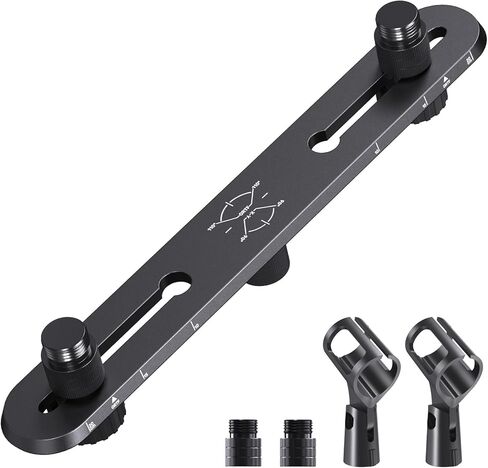 Stereo Array Spacing Mic Bar Mount, Aluminum Dual Microphone Holder with Ruled Markings & Adjustable Positioning, Fits 5/8", 3/8" & 1/4" Stands, Ideal for XY/ORTF Recording, Studio, Podcasting in Kuwait